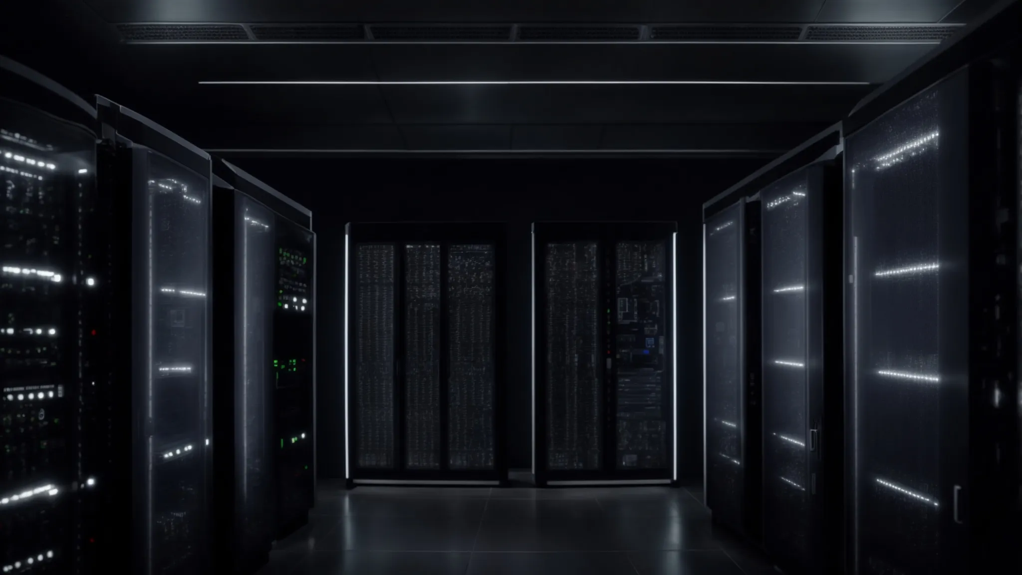 a widescreen view showing a row of illuminated servers in a dark data center room with visible battery backup units against the wall, emphasizing an atmosphere of advanced technological readiness and resilience.