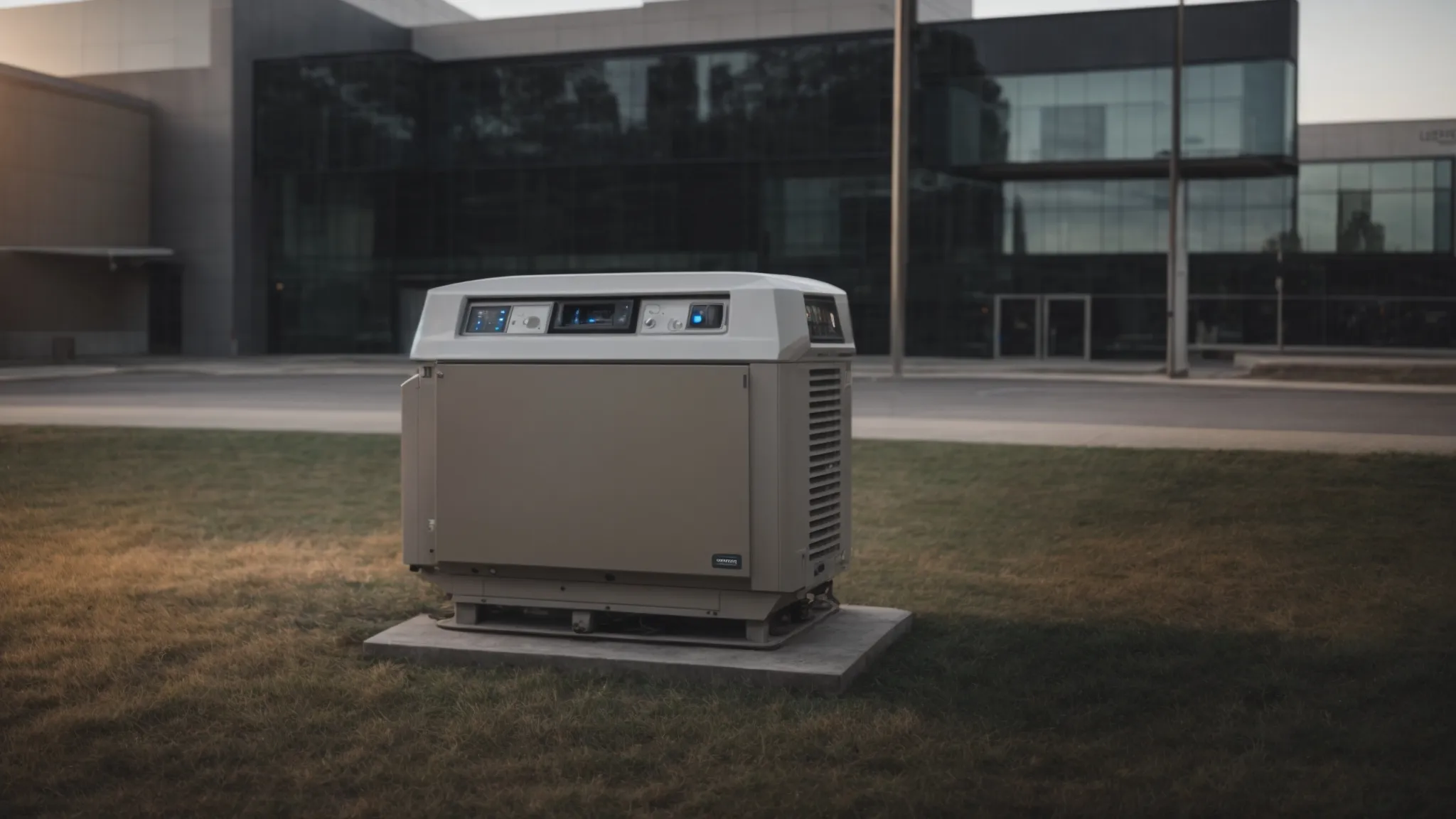 a generator strategically placed outside a corporate building, ready for activation during a power outage.