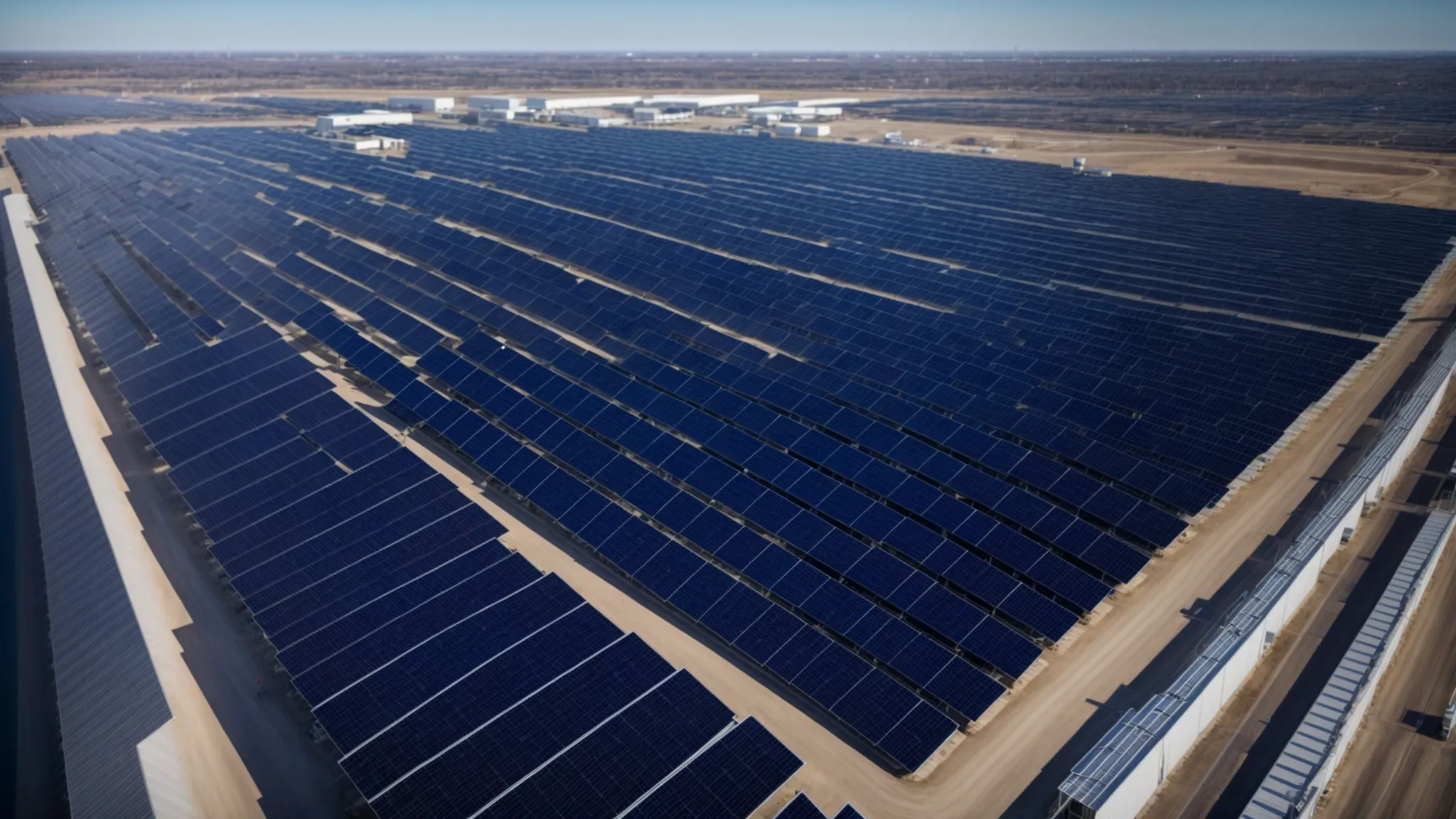 rows of solar panels line the roof of an expansive warehouse under a clear blue sky, signifying a modern business's shift towards renewable energy.