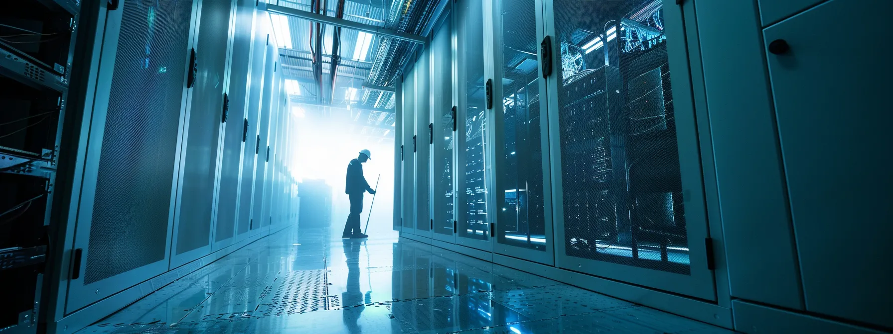 a technician testing air-powered critical supplies in a high-tech server room.