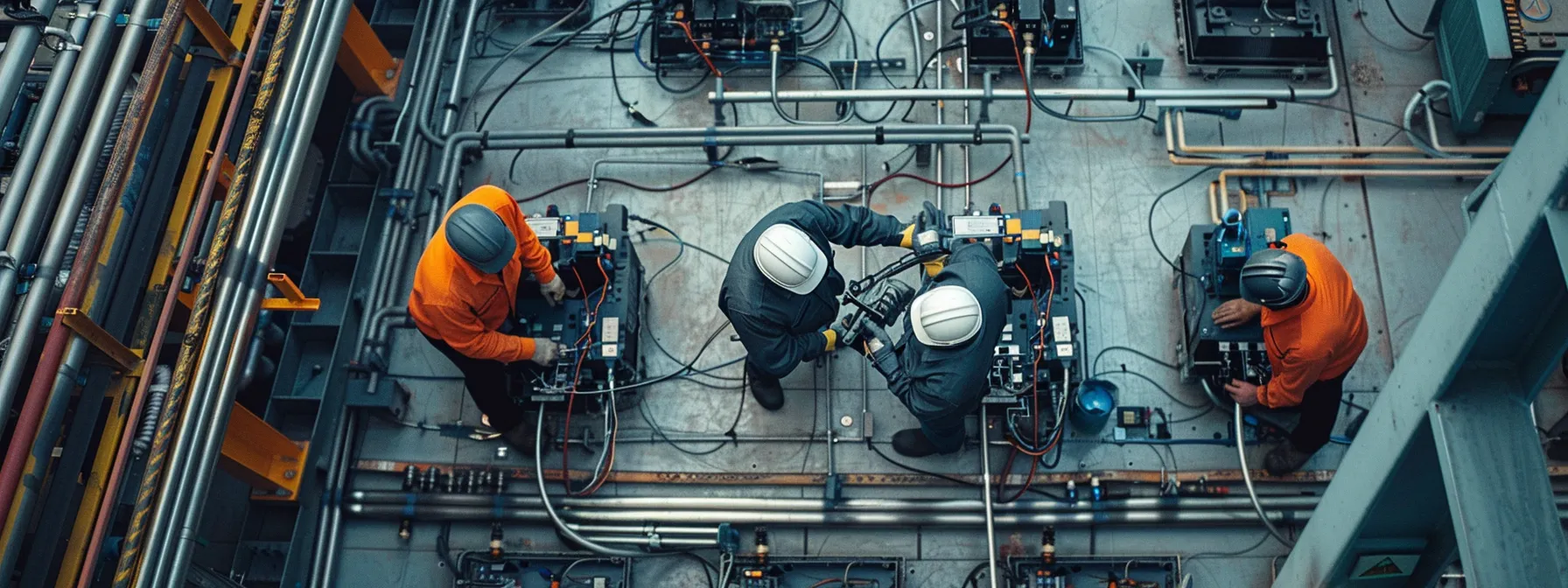 a group of technicians carefully installing air-powered critical power supplies in a industrial facility.