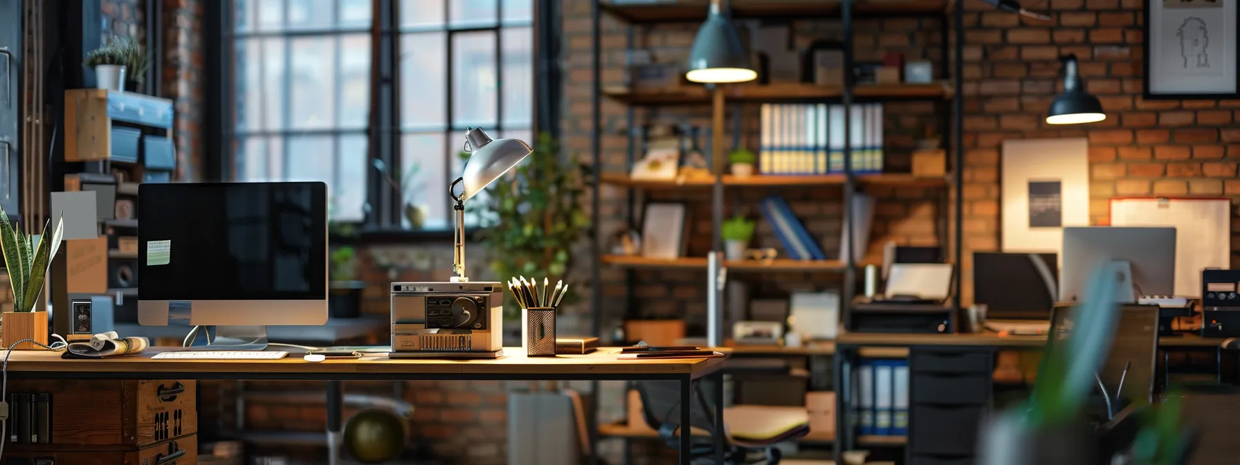 a small business office with computers and other electronic devices powered by an uninterruptible power supply.