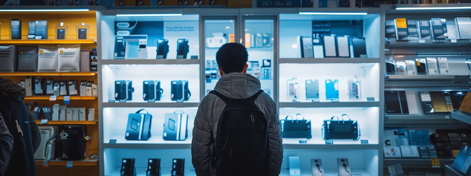 a person comparing different ups systems in a store, looking at the specifications and features.