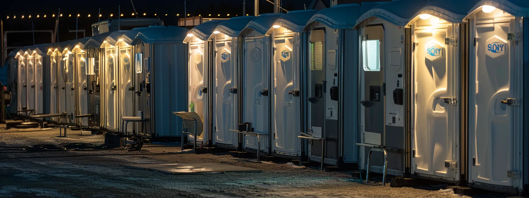 a generator powering a line of portable restrooms at an outdoor event.