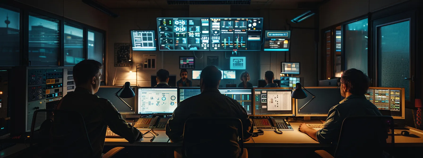 a group of business professionals in a control room monitoring energy consumption and power stability during a potential outage in seattle.