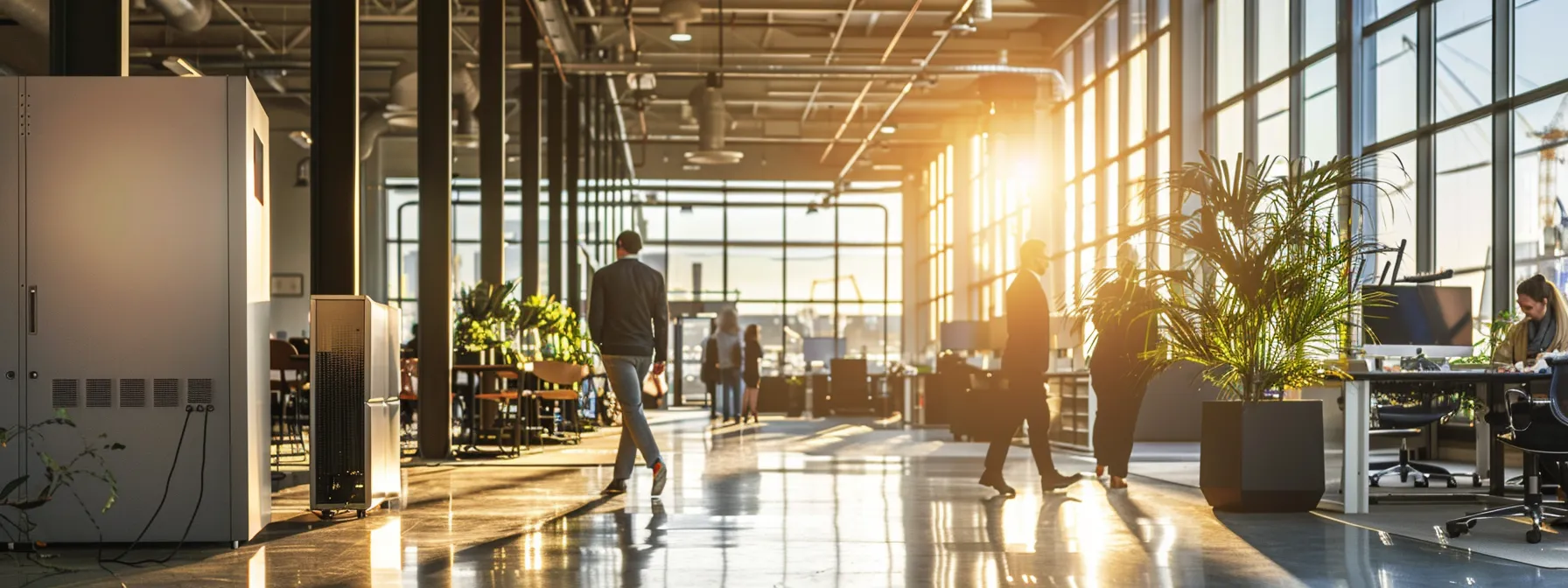 a bustling boston business environment is depicted, showcasing a sleek, modern uninterruptible power supply (ups) unit at the forefront, with professionals in the background engaged in critical operations, illuminated by natural light streaming through large windows, emphasizing reliability and efficiency.