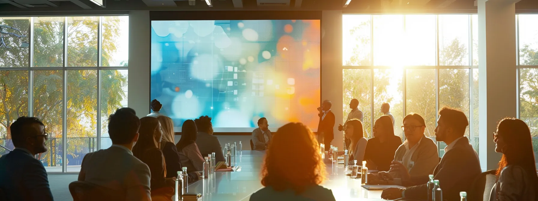 a dynamic conference room scene showcases a diverse group of professionals engaged in an animated discussion, illuminated by natural light streaming through large windows, as they explore innovative ups solutions and training materials, embodying collaboration and expertise.
