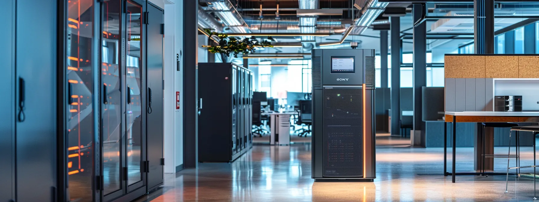 a powerful and modern uninterruptible power supply (ups) system stands in a sleek, well-lit office environment, symbolizing reliability and resilience in business operations amidst a backdrop of high-tech equipment and vibrant lighting.