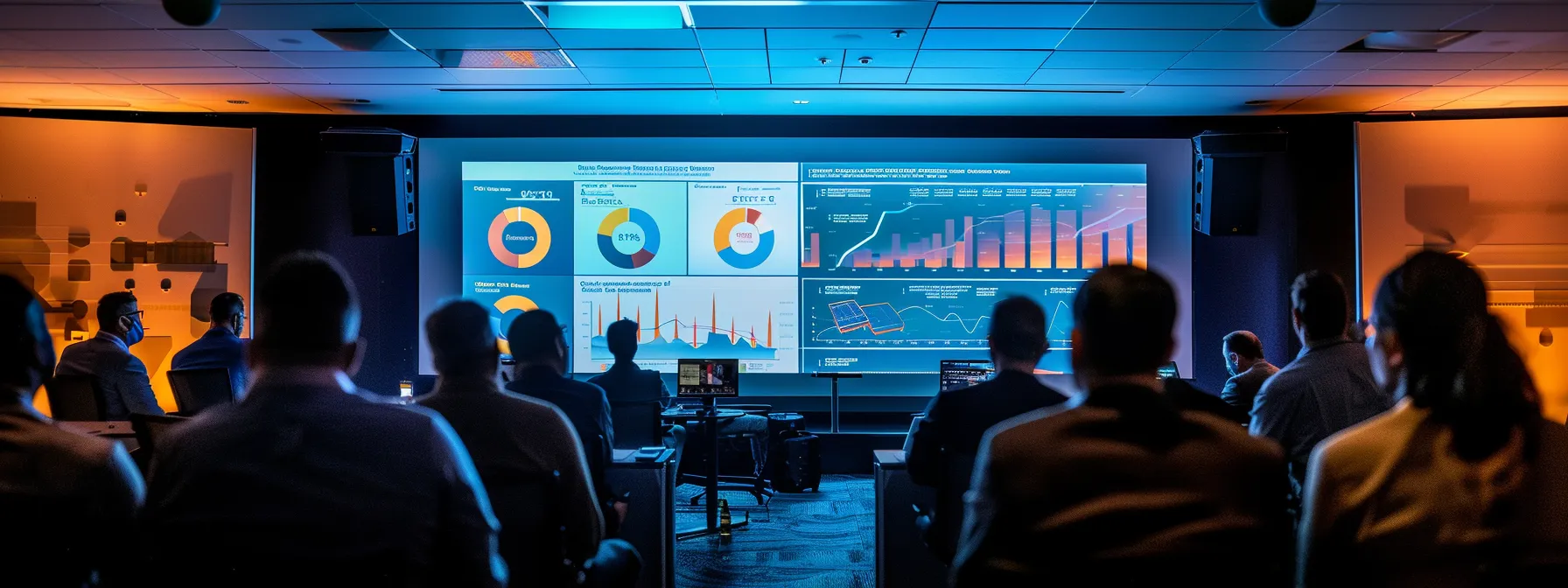 a sleek, modern conference room illuminated by warm, soft lighting showcases a large display screen presenting an infographic on ups systems, with a diverse group of professionals engaged in focused discussion about power requirements and system features.